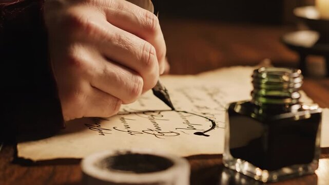 Writing with ink and quill on parchment paper.