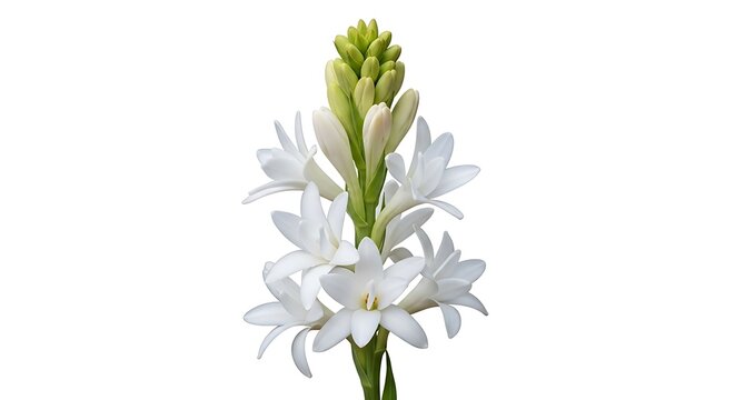 Delicate white tuberose flowers bloom on a green stem against a white background.