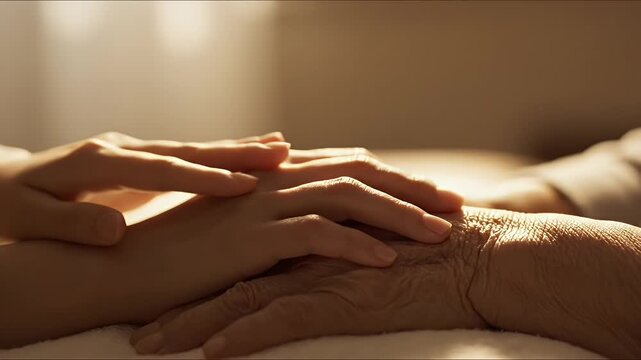 Gentle Hands: Care and Support - A closeup captures a younger hand gently resting on the wrinkled hand of an older person, symbolizing care, support, and intergenerational connection.