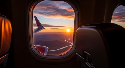 Fototapeta premium Airplane window view shows a golden sunset over a winding river.