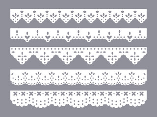 Cotton scalloped anglaise ribbon. Hand drawn decorative fabric border, ornament textile ribbon for fashion apparel flat vector illustration set. Scalloped lace borders collection © GreenSkyStudio