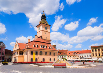 Fototapeta premium Brasov, Romania. Medieval Council House in the Main Square of the Old Town.