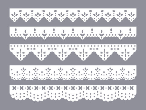 Cotton scalloped anglaise ribbon. Hand drawn decorative fabric border, ornament textile ribbon for fashion apparel flat vector illustration set. Scalloped lace borders collection