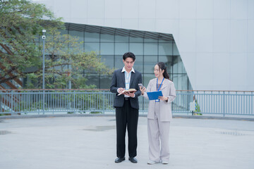Fototapeta premium Two business people or a management team are working together using laptops in front of a building.