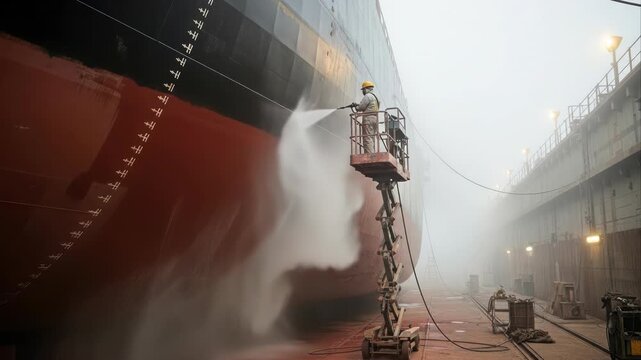 Worker cleaning a cargo ship hull in a foggy dry dock