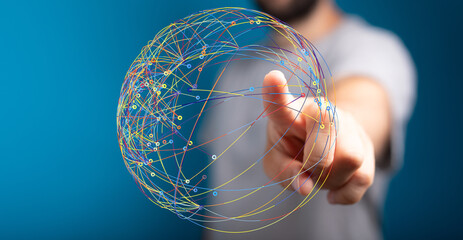 Concept of global connection, technology, and innovation. Person interacts with a digital world. Data transfer and glob