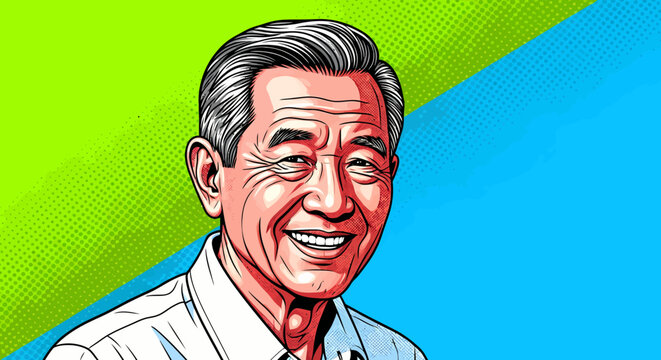 Smiling Portrait of an Elder Man against a backdrop of green and blue