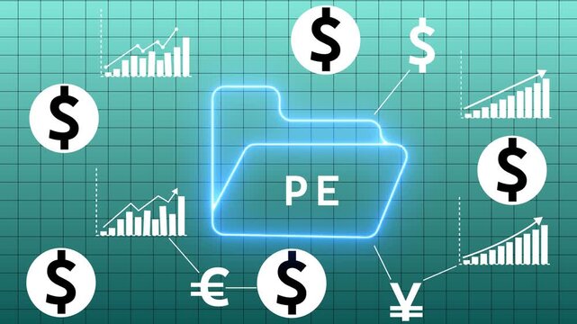 Digital folder with glowing neon blue outline labeled PE surrounded by white ascending bar charts and dollar euro yen currency symbols on a teal grid background for financial concepts