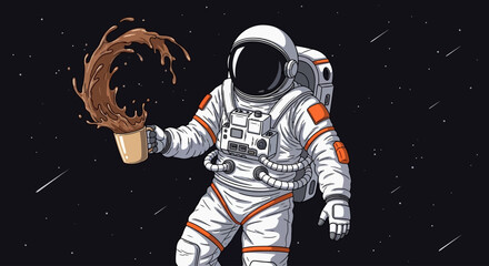 Astronaut in Space Sipping Coffee from a Cup, Surrounded by Stars, Viewed from a Slight Angle © Simon