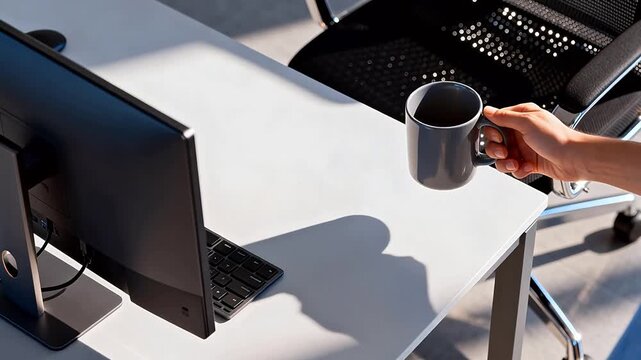 Modern white office desk setup with black monitor keyboard and rolling ergonomic chair