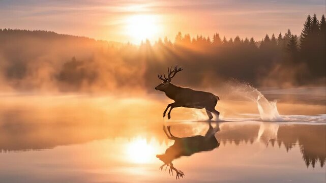 Majestic stag walks through foggy lake at sunrise with sun rays
