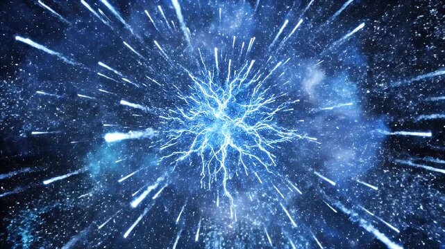 Blue Particle Explosion Motion Graphic - An abstract background featuring a bright blue explosion of particles radiating outwards from a central point.