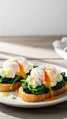 Close up poached eggs with spinach and ricotta on toast for breakfast menu hero image and culinary recipe banner design