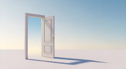 A white door standing alone in a minimalist landscape, opening into a bright, clear horizon, representing new beginnings and opportunities.