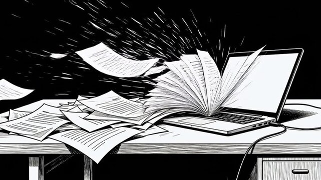 Black and white illustration of laptop exploding with paper sheets
