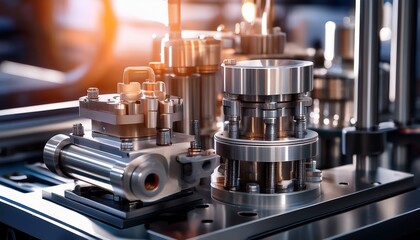 Fototapeta premium pressing mechanism of a machine highlighting the intricate details of the metal plates and hydraulic pistons