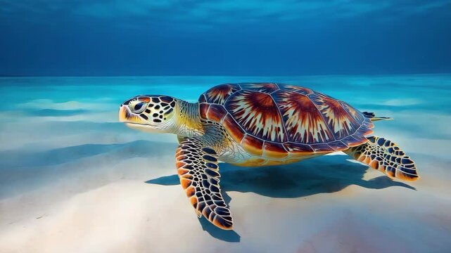 A majestic green sea turtle swims gracefully through a sunlit tropical ocean. This beautiful marine reptile glides over a sandy seabed. A sequence for wildlife or conservation themes