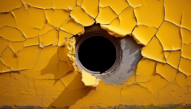 hole in a yellow wall exposing underlying texture signifying cracked paint and aged surface characteristics