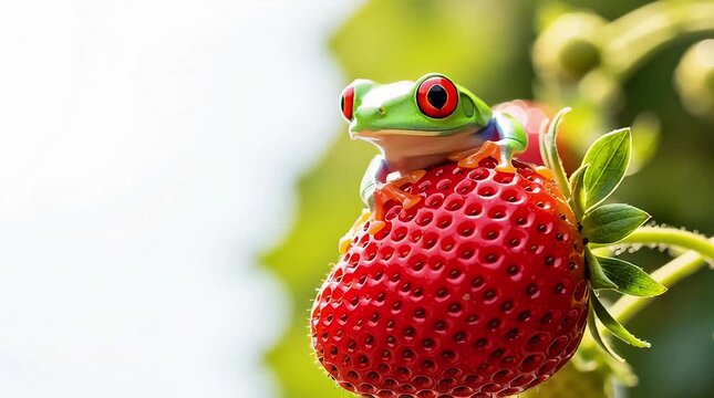 Green tree frog perched on a ripe red strawberry in a sunny garden setting naturally outdoors together