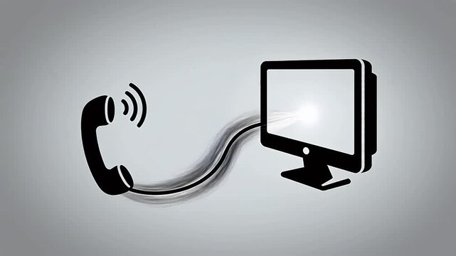 Telephone handset and computer monitor connected by flowing data lines on white background