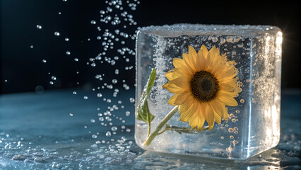 Frozen Sunflower &mdash; Encased inside a clear block of ice with bubbles.