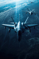 Naklejka premium Multiple modern aircraft flying above Earth atmosphere in cinematic layered global aviation composition
