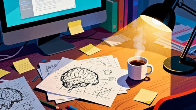 Office desk with computer monitor lamp coffee cup and papers with brainstorming sketches