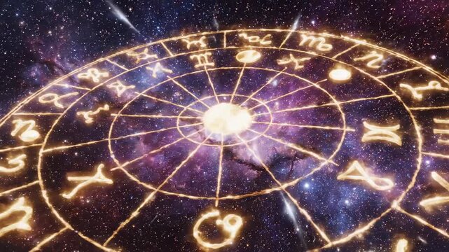 Astrological Zodiac Wheel in the Galaxy with Stars.