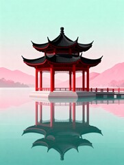 Obraz premium Traditional Chinese Pavilion Reflecting on Calm Water
