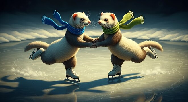 Two ferrets holding hands and ice skating on a frozen rink with winter scarves. Cute animal cartoon illustration for winter theme card.