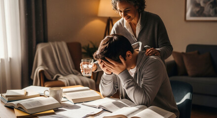 Obraz premium Mother Comforts Stressed Son with Glass of Water Amidst Open Books