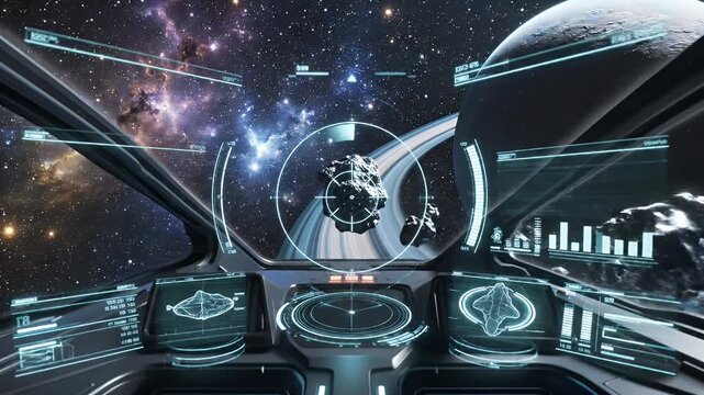Futuristic Spaceship Cockpit View - A view from the cockpit of a spaceship flying through space. The digital interface shows various circular hud elements, data visualizations, and a planet with