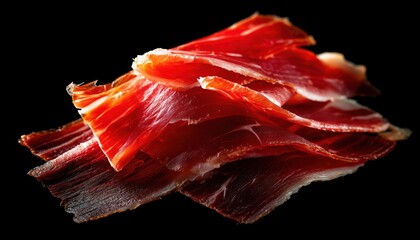 Artfully Arranged Platter Of Sliced Jamon, Dry Italian Prosciutto Crudo, And Raw Spanish Ham, All Displayed Beautifully On A Black Background.