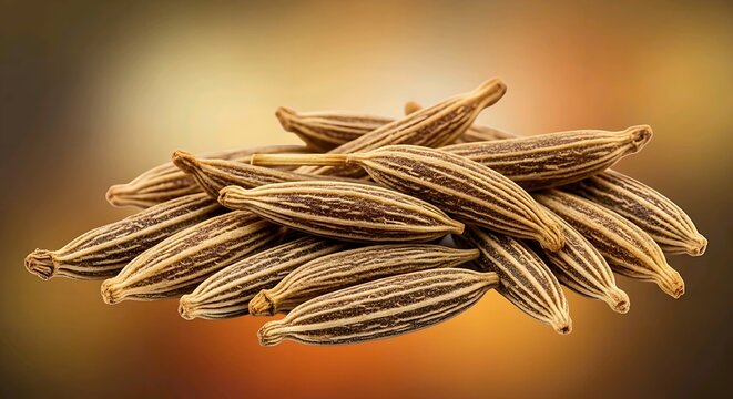 Close up macro view of dried cumin seeds isolated with detailed natural texture and warm background. Food spice concept