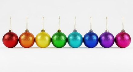 Rainbow Spectrum of Christmas Ornaments Hanging Against White Background