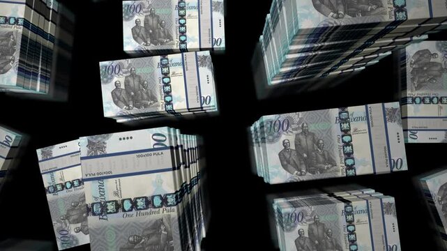 Botswana pula Botswanan money notes packs loop. 3D flight over 100 BWP banknotes stacks towers. Loopable seamless abstract background concept of business, economy crisis and finance.