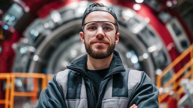 Worker stands confidently inside a large industrial facility wearing safety gear during a project in progress