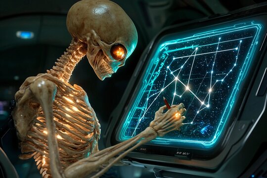 Alien skeleton creating luminous star charts in a futuristic spacecraft at night