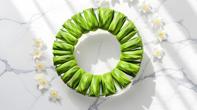 Close-up of a green leaf wreath arranged in a circular shape on a white marble surface with orchid flowers