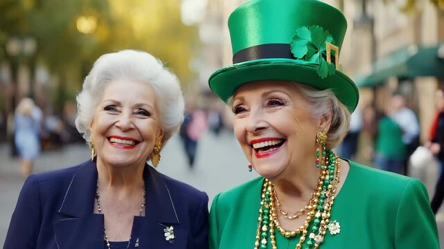 Happy senior caucasian women friends enjoying a conversation during a st patricks day parade. An elderly female wearing a festive green leprechaun hat and smiling brightly