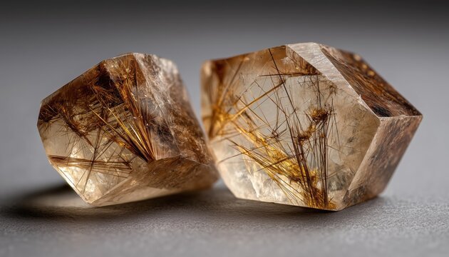 Striking Contrast: Rutilated Quartz Mineral Featuring Golden Rutile Inclusions In A Clear Crystal Structure For A Stunning Visual Effect.