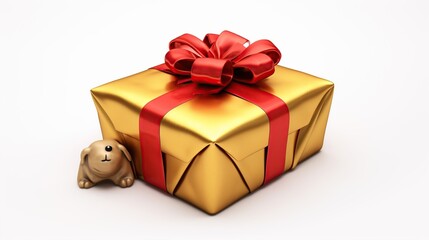 Fototapeta premium Shiny golden gift box wrapped with a bright red ribbon and a tiny plush dog
