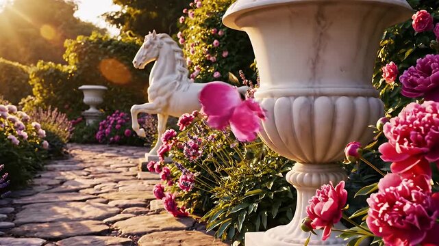 Elegant sunlit classical garden path with stone pavers, statues, and blooming pink roses