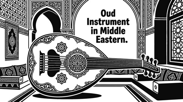 oud instrument placed in a traditional middle eastern interior detailed black and white vector representing cultural music heritage acoustic sound and artistic expression