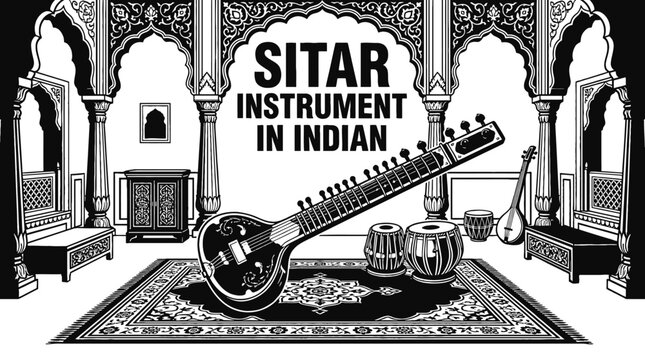 sitar placed in an indian classical music setting black and white vector representing spiritual sound meditation and cultural tradition