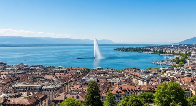 Panoramic View of Geneva Switzerland Skyline with Jet d'Eau Fountain