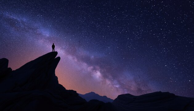 Unrecognizable Tourist Admiring Majestic Night Sky From Stone Mountain Formation In Vermilion Cliffs, Arizona, Usa. Milking Way Visible.
