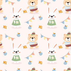 Cute bear in boy outfit and rabbit in girl dress on sweet pink seamless pattern, baby animal vector illustration.