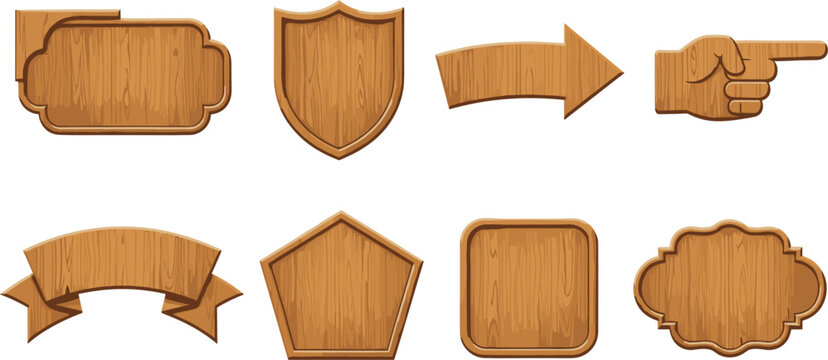 Set of rustic wooden signboards and banners featuring various shapes like shields arrows and ribbons for vintage western and tavern style designs.