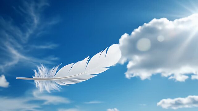 Floating White Feather on Blue Sky - A single white feather floats gracefully in a bright blue sky filled with gentle clouds and sunlight. The video conveys a sense of peace and serenity.